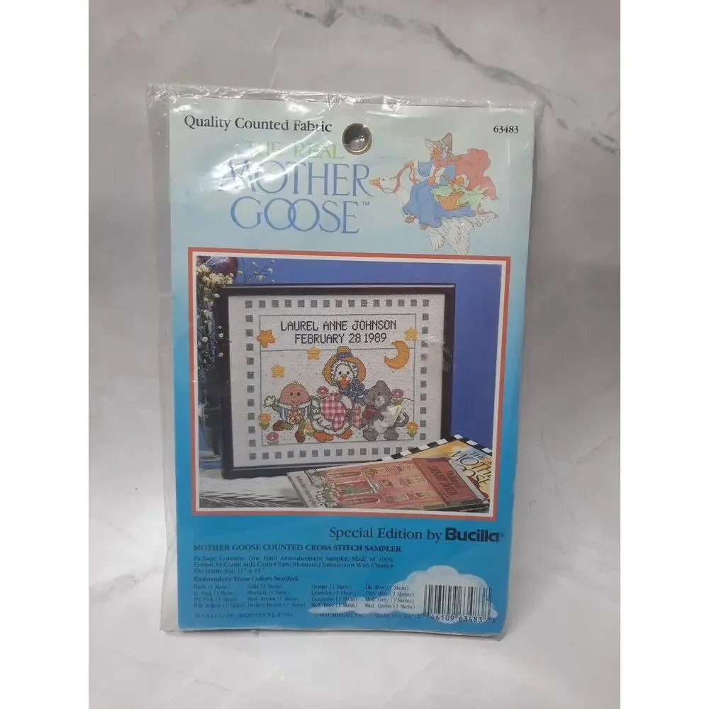 Bucilla Mother Goose Counted Cross Stitch Sampler 63483 Birth Announcement